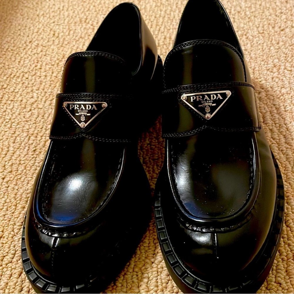 Prada Black Leather Triangle Loafers
